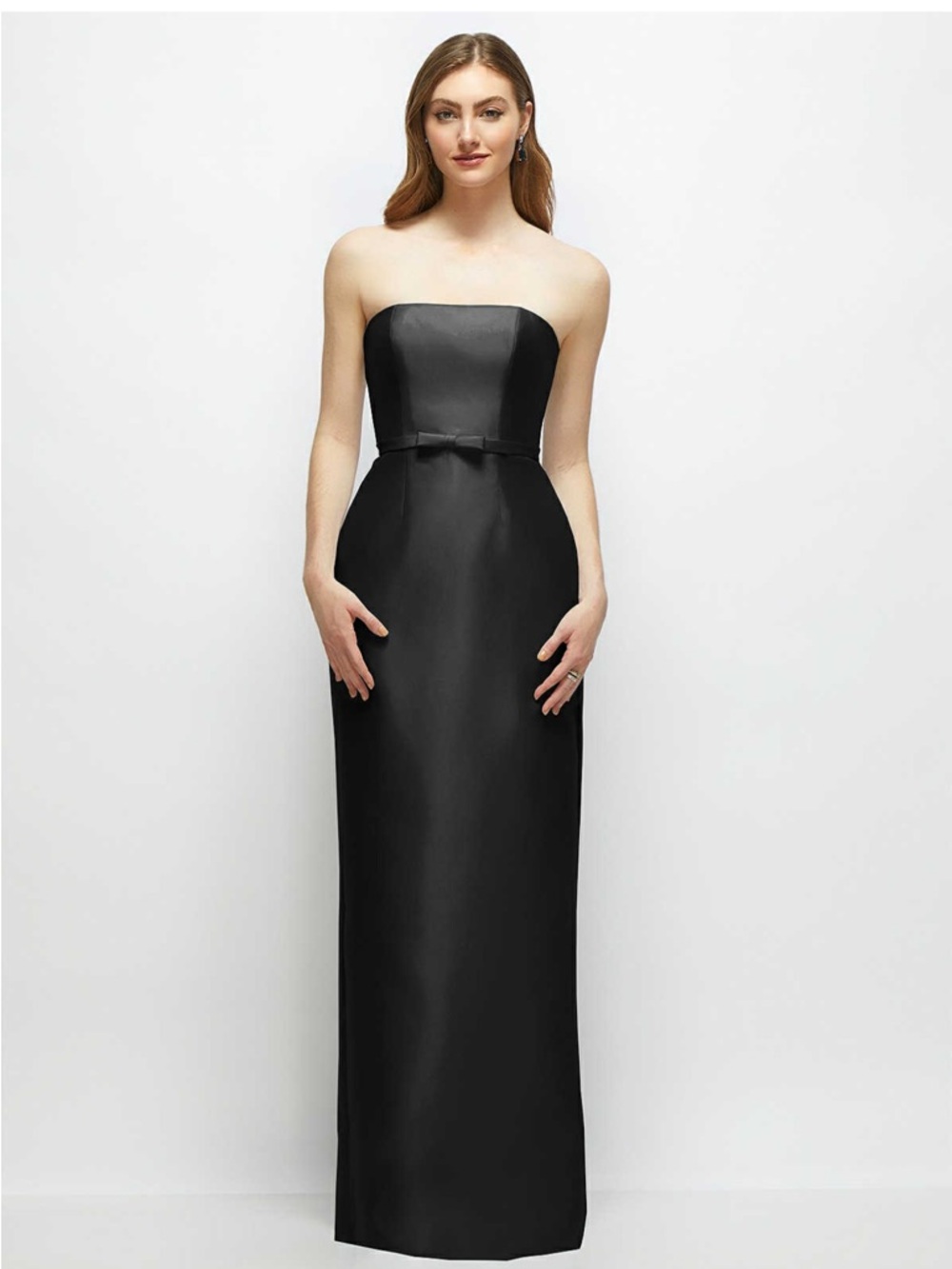 Dessy Strapless Black Satin Column Dress with Belt